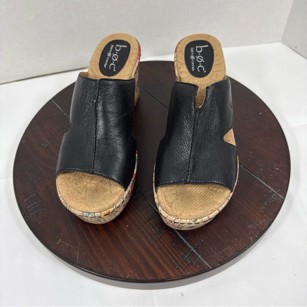 b.o.c. Black Leather Slip-On Wedge Sandals